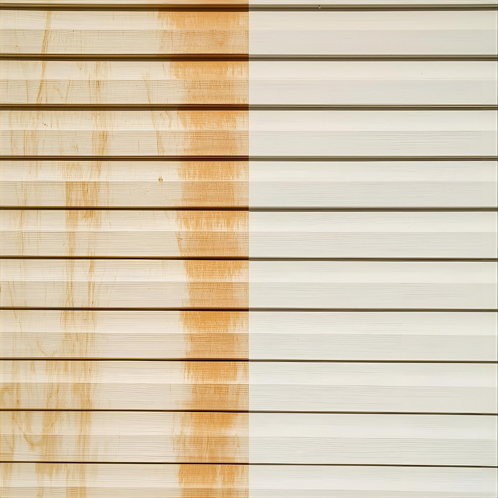 Half-cleaned white siding with visible dirt on the left half, clean on the right. Horizontal panels create a striped pattern.