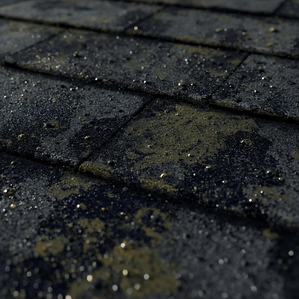 Close-up of wet roof shingles, dark with patches of yellow moss and algae. Water droplets glisten, creating a reflective, moody texture.