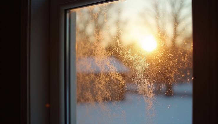 Eye-level view of a house window with visible dirt and streaks illuminated by low winter sunlight