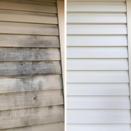 Side-by-side comparison of house siding: left is dirty and stained, right is cleaned and white. Both show horizontal panels.