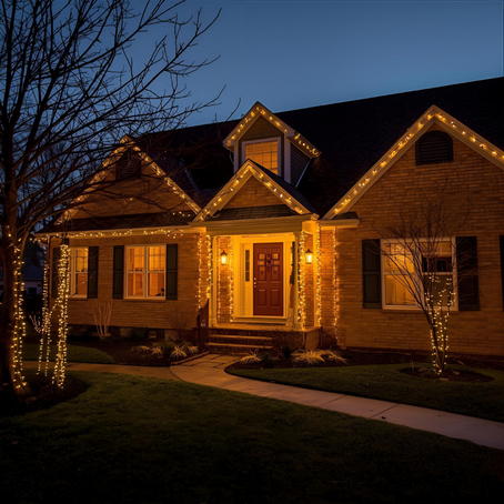 Two-story house adorned with warm white Christmas lights and wreaths. Trees and shrubs are also illuminated. Night setting, festive mood.