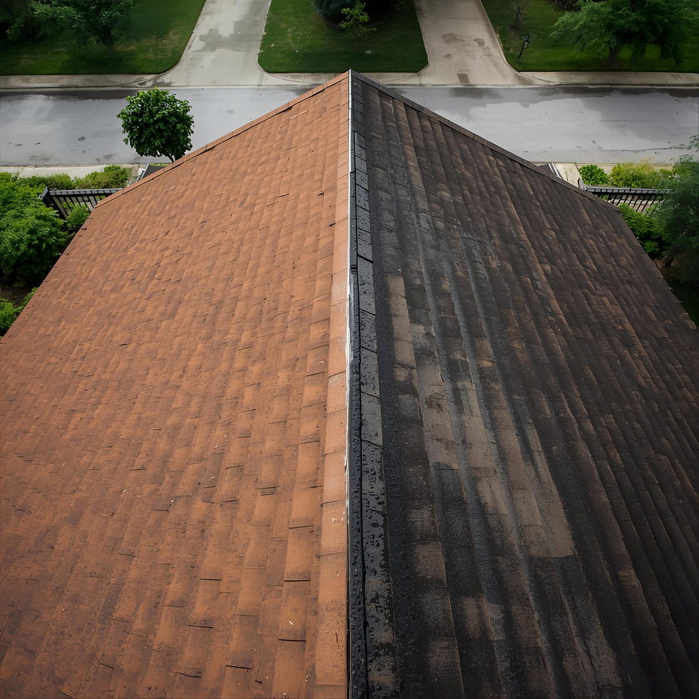 Aerial view of a roof with one clean brown side and one dark, dirty side. Street and greenery in background. Contrast in cleanliness.
