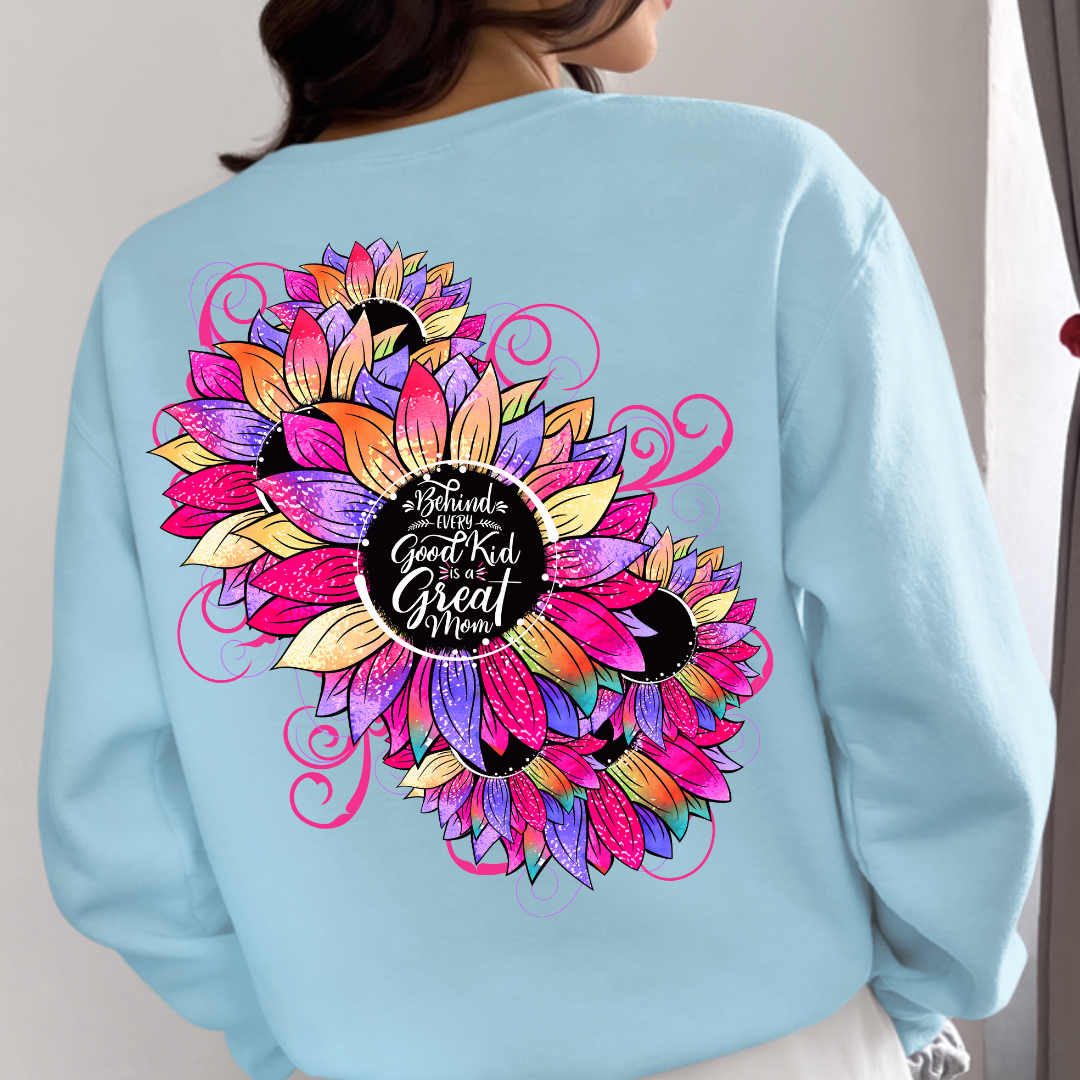 Blue Planted by Mom sweatshirts — featuring colorful floral designs and a sweet, heartfelt message
