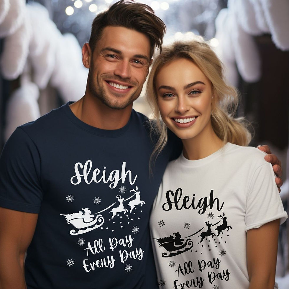 Thumbnail: Black and White Sleigh All Day Everyday T-Shirts with Santa's sleigh and snowflakes falling