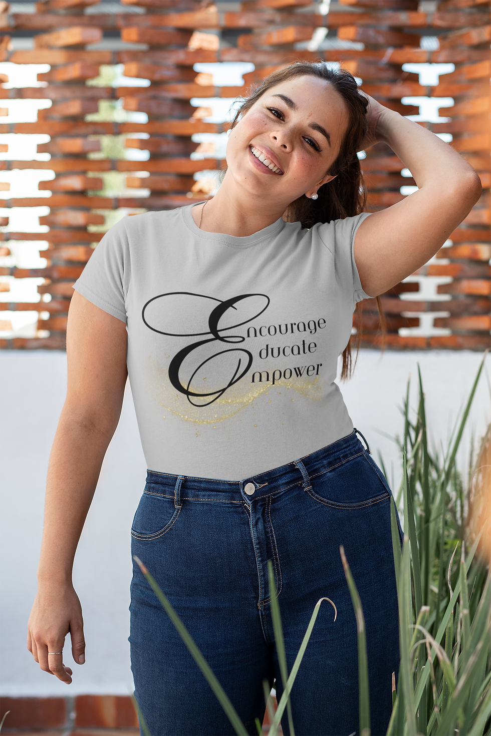 Thumbnail: Woman in light gray t-shirt with white colored text Encourage Educate Empower