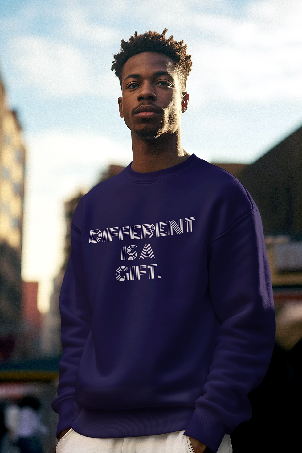 Thumbnail: Man wearing a Different Is a Gift Groove crewneck sweatshirt featuring layered line-style lettering.