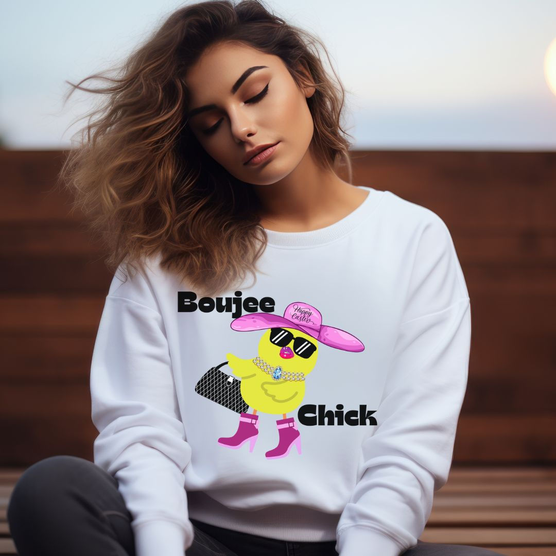 White Easter Boujee Chick Sweatshirt featuring the most boujee chickadee