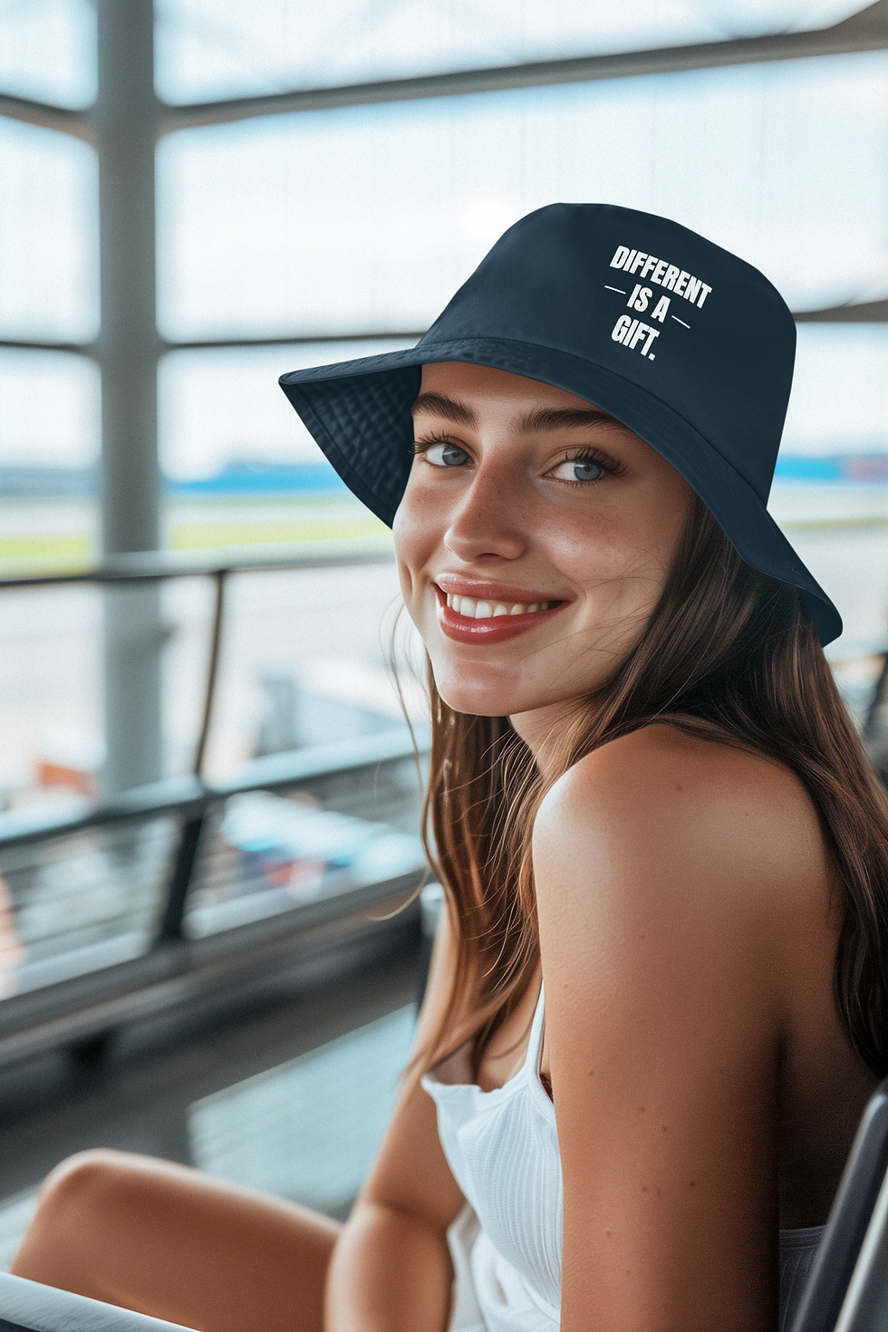 Cotton bucket hat featuring “Different is a gift.” in simple typography with subtle decorative line accents.