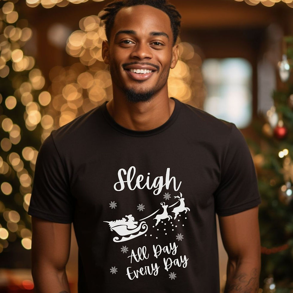 Thumbnail: Black Sleigh All Day Everyday T-Shirt with Santa's sleigh and snowflakes falling