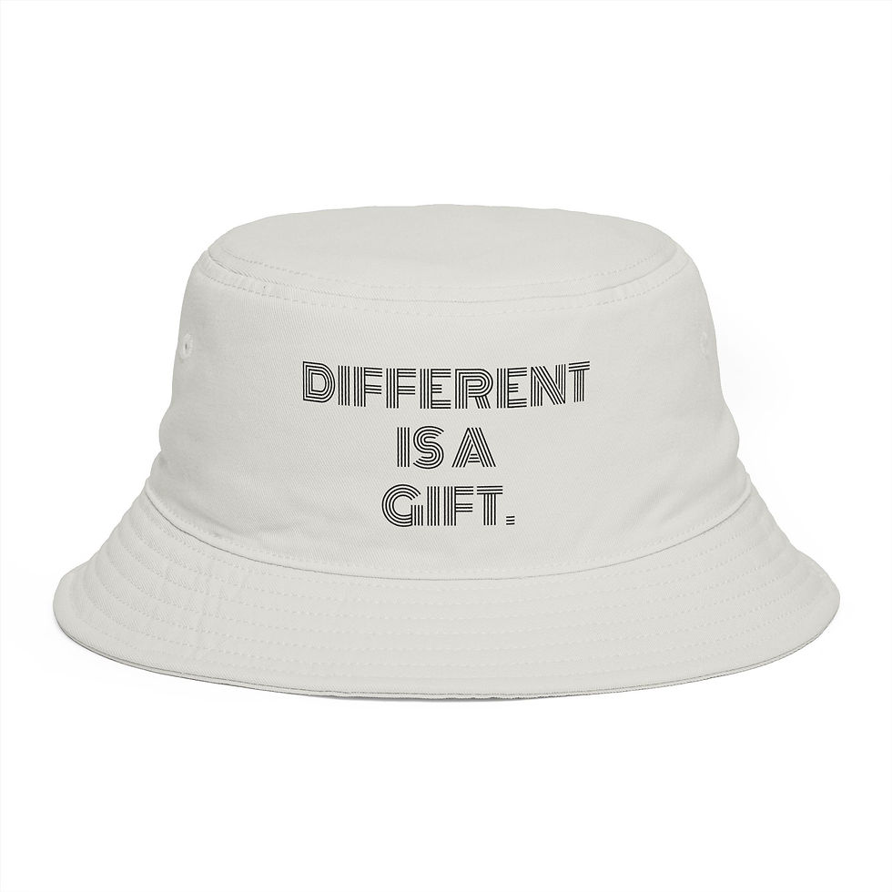 Thumbnail: Cotton bucket hat featuring “Different is a gift.” in playful layered line typography with a flowing, dimensional look.