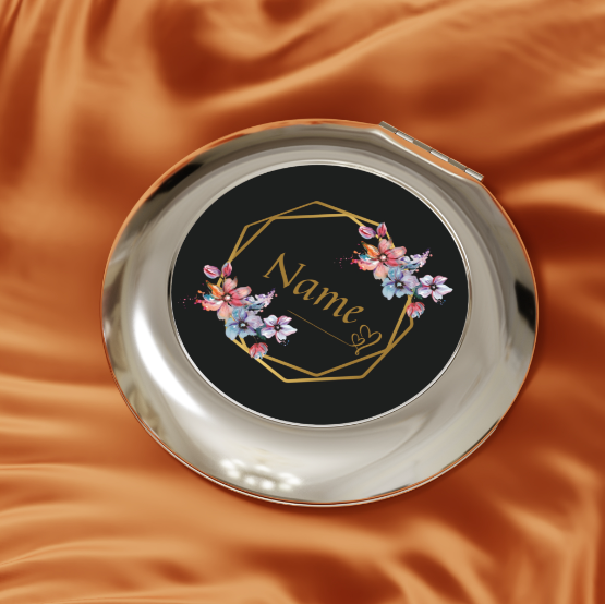 Black floral printed compact travel mirror