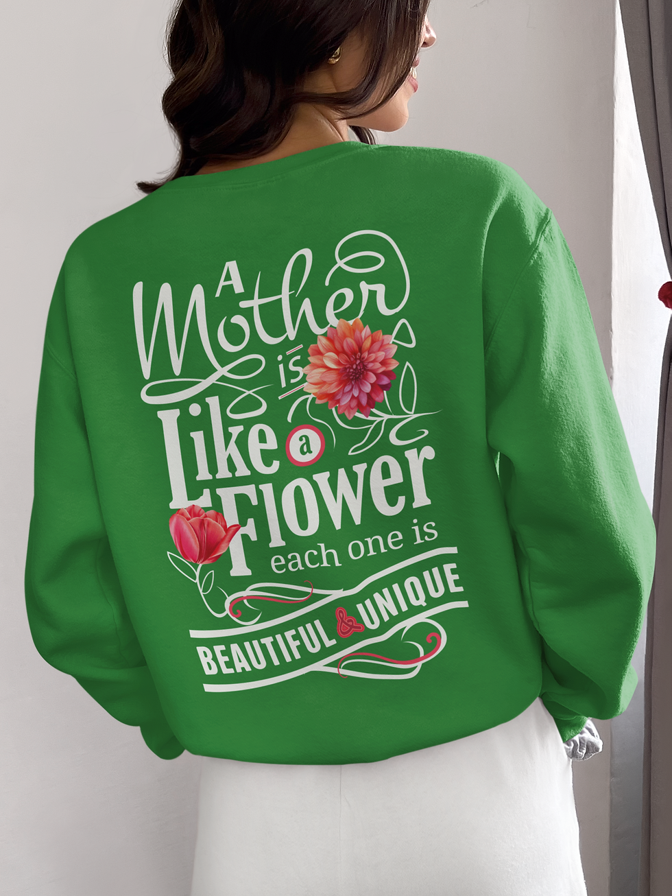 Thumbnail: Green Blooming Mom sweatshirt, featuring elegant floral designs and heartfelt words