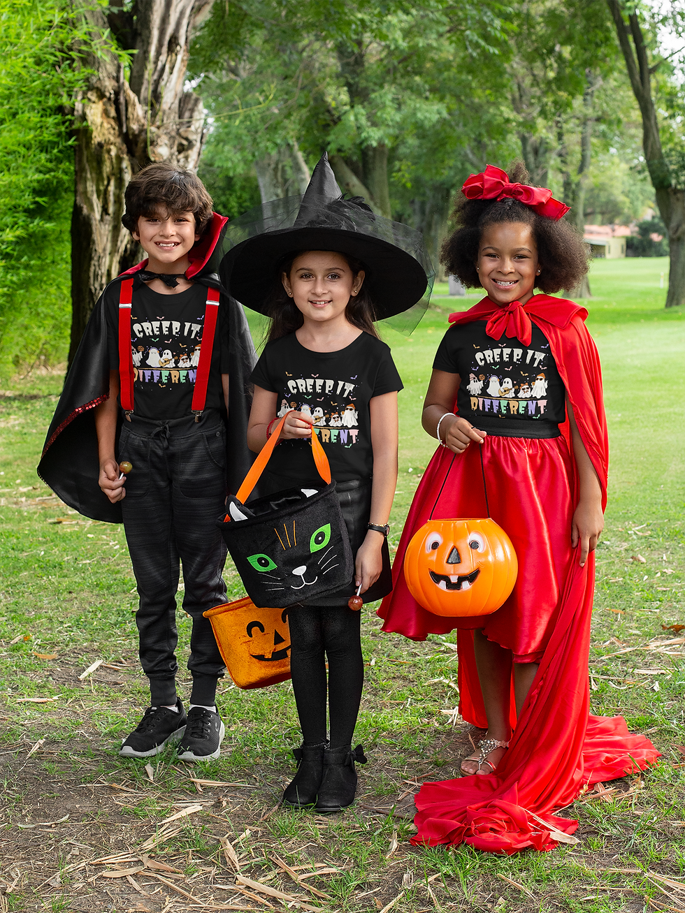 Creep it Different tee saying with a row of different friendly ghosts