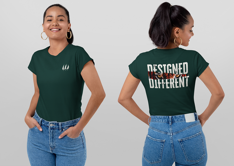 Thumbnail: Women wearing forest green t-shirt showing the front and back of the Designed Different Fierce T-Shirt