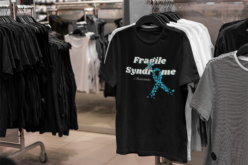 Black Fragile X awareness t-shirt meaningful design featuring a teal awareness ribbon created of hearts
