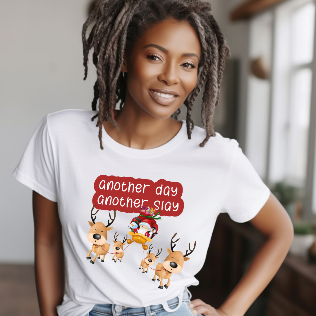White Another Day Another Slay Tee with Santa, reindeer, and sleigh