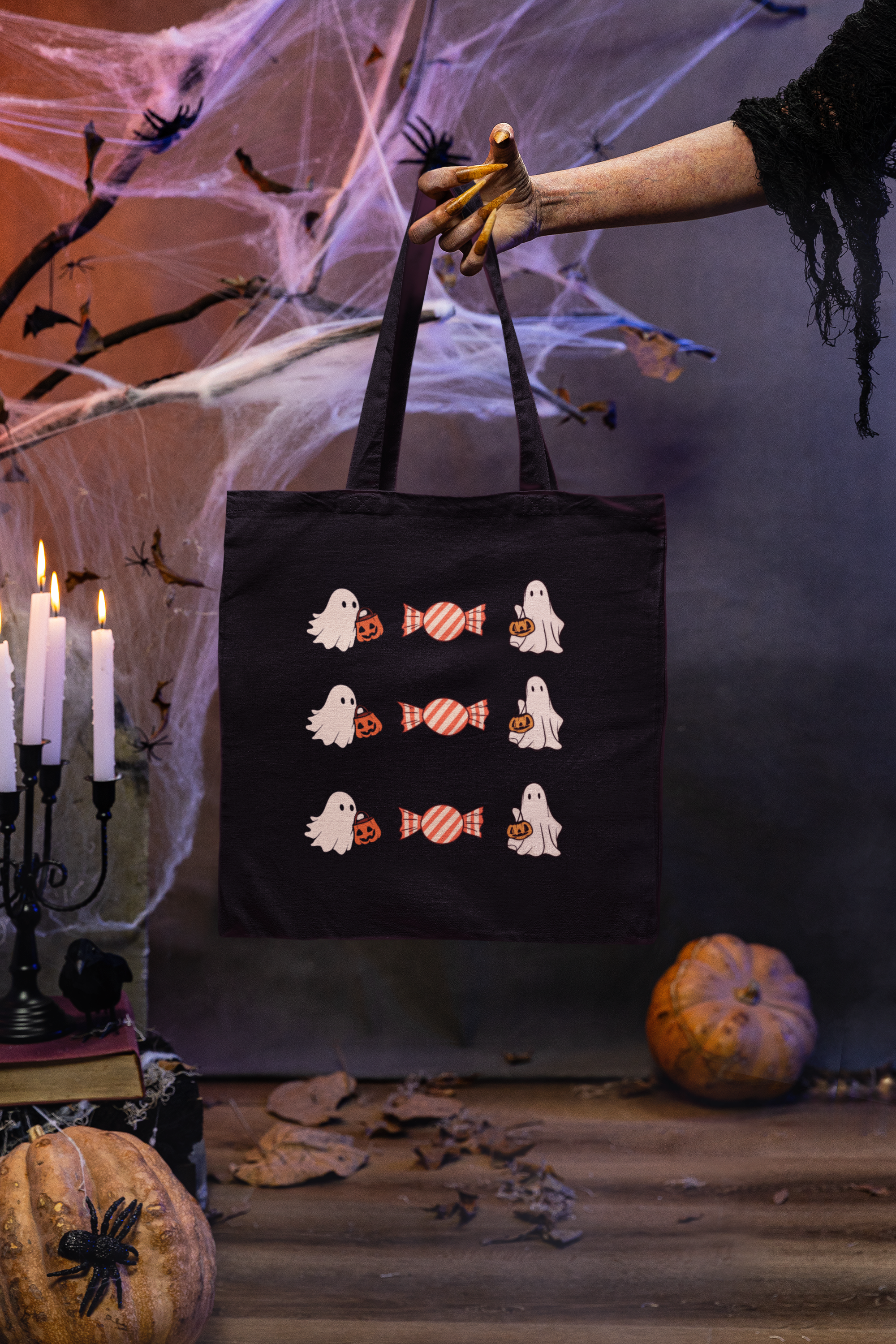 Halloween Ghostly Treats Tote Bag with three playful rows of ghost and candy images (nine designs total)