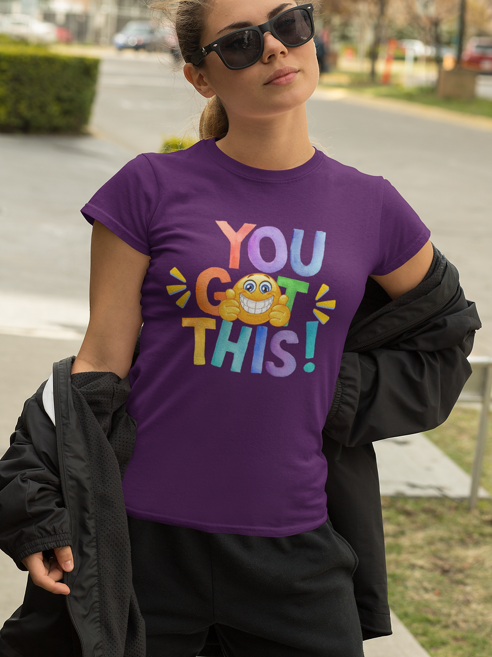 Purple You Got This t-shirt, featuring a cheerful yellow smiley face with two thumbs up