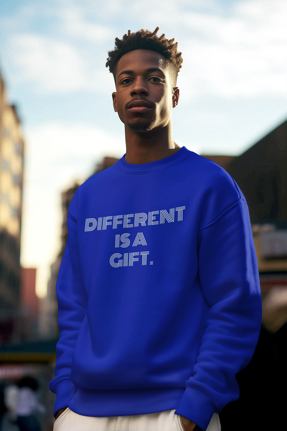 Thumbnail: Man wearing a Different Is a Gift Groove crewneck sweatshirt featuring layered line-style lettering.