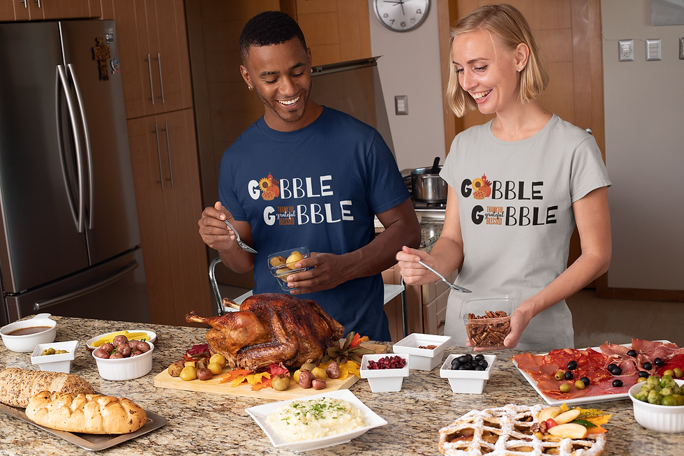 Thumbnail: Blue and Gray Thankful Gobble Tees with message Thankful, Grateful, Blessed
