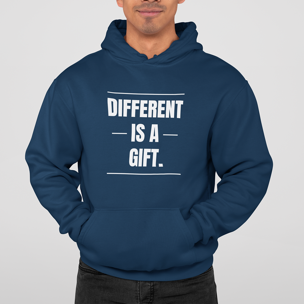 Thumbnail: Man wearing a Different Is a Gift Frame hoodie with bold lettering and horizontal framing lines.