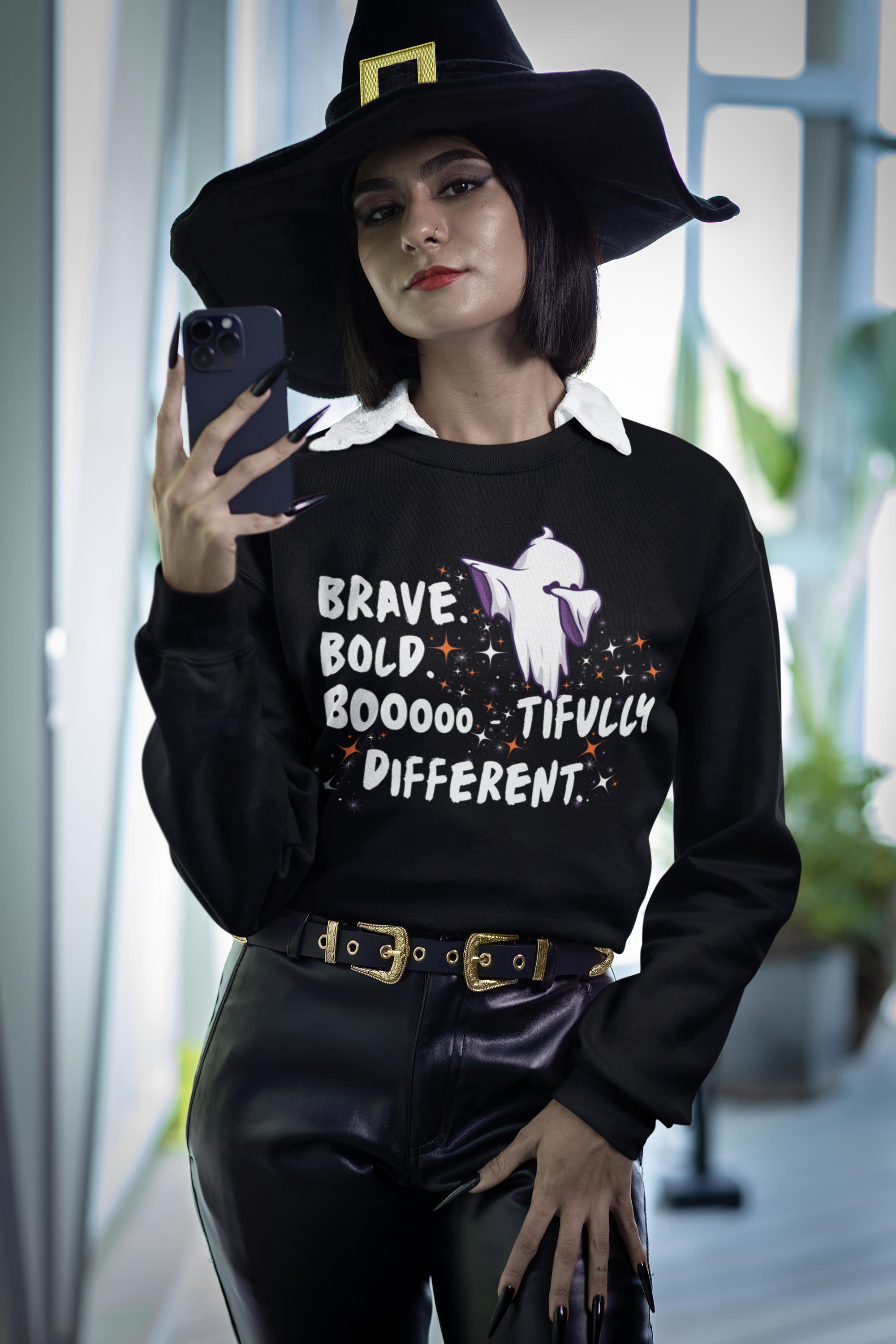 Brave Bold Boooo-tifully Different Sweatshirt with playful and empowering text and ghost