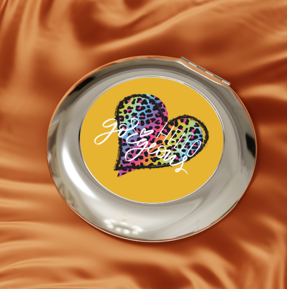 Yellow dual compact travel mirror with text Hello Gorgeous