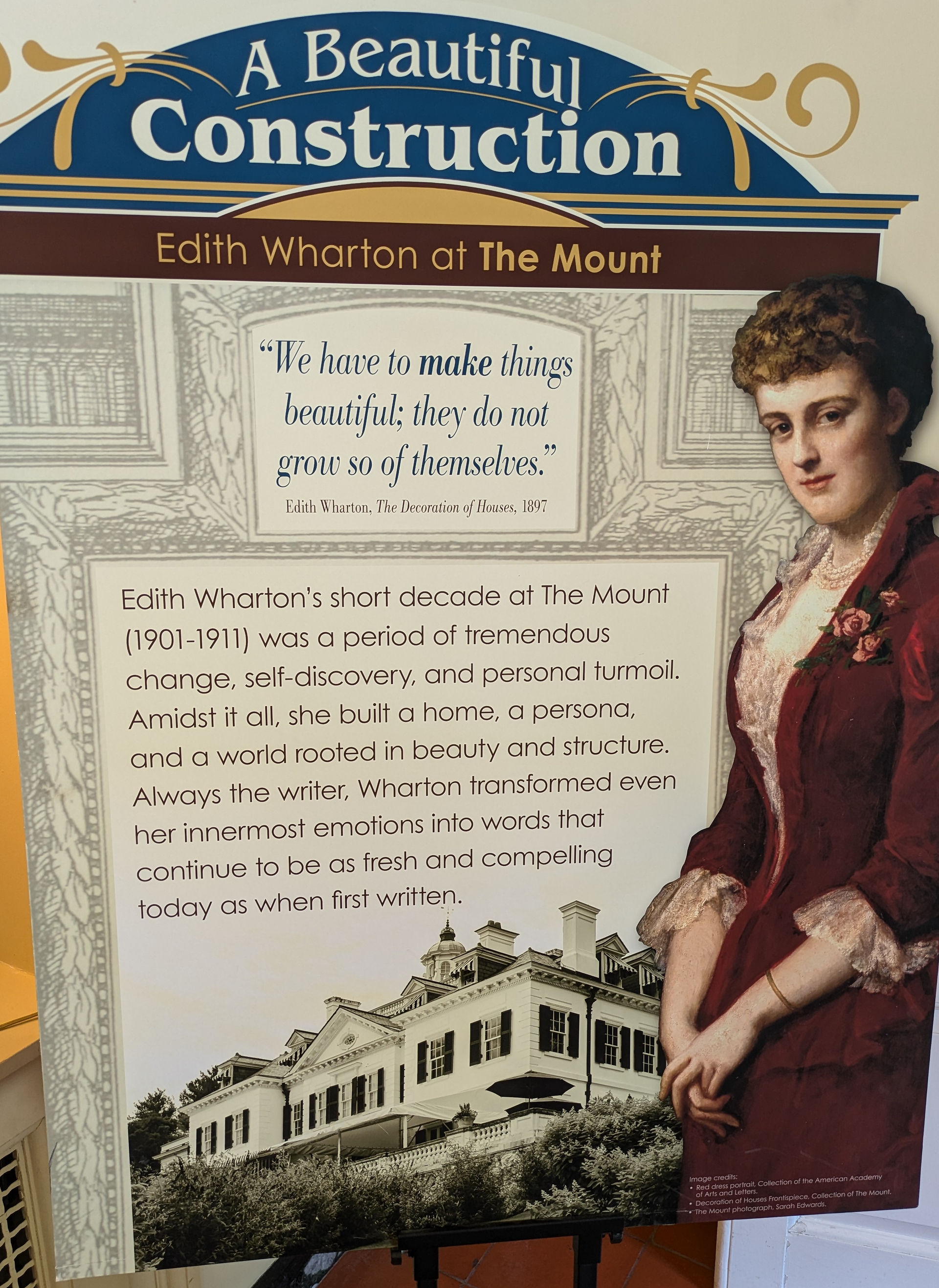 A poster of Edith Wharton at the Mount that greets visitors upon entering the home