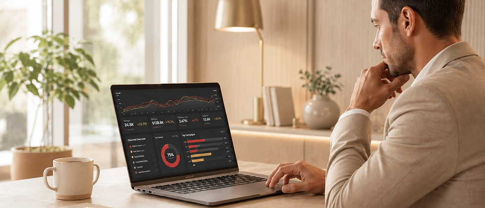 Marketing strategist reviewing an analytics dashboard showing SEO, paid ads, social media, email marketing, content, and lead generation performance.