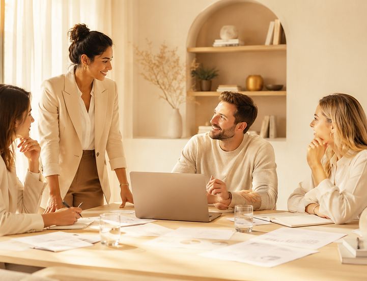 Marketing team discussing business growth strategy in a warm modern office with a laptop, reports, and planning documents.