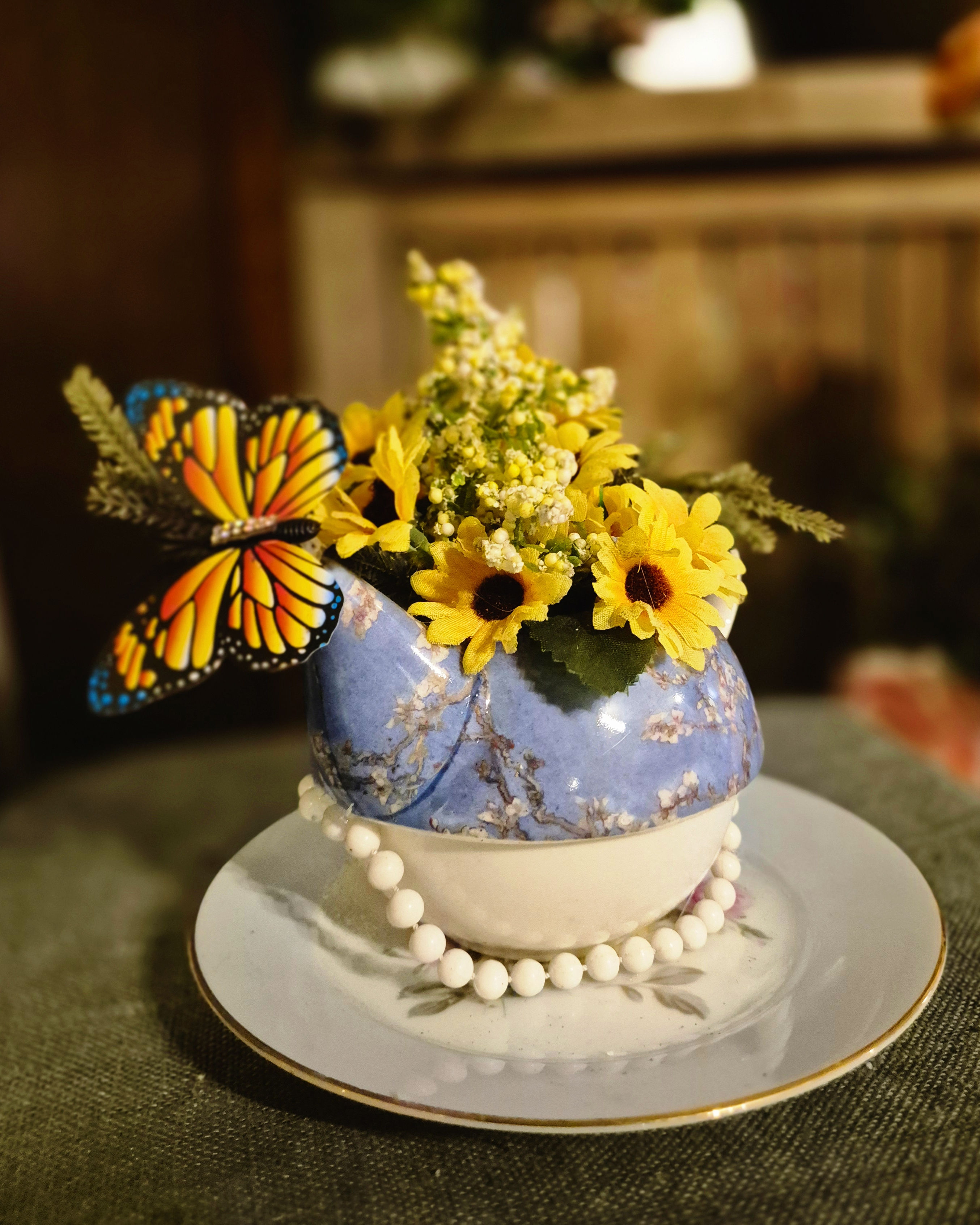 Golden Glow Teacup – Handmade Illuminated Gift with Orange Butterfly & Sunflower