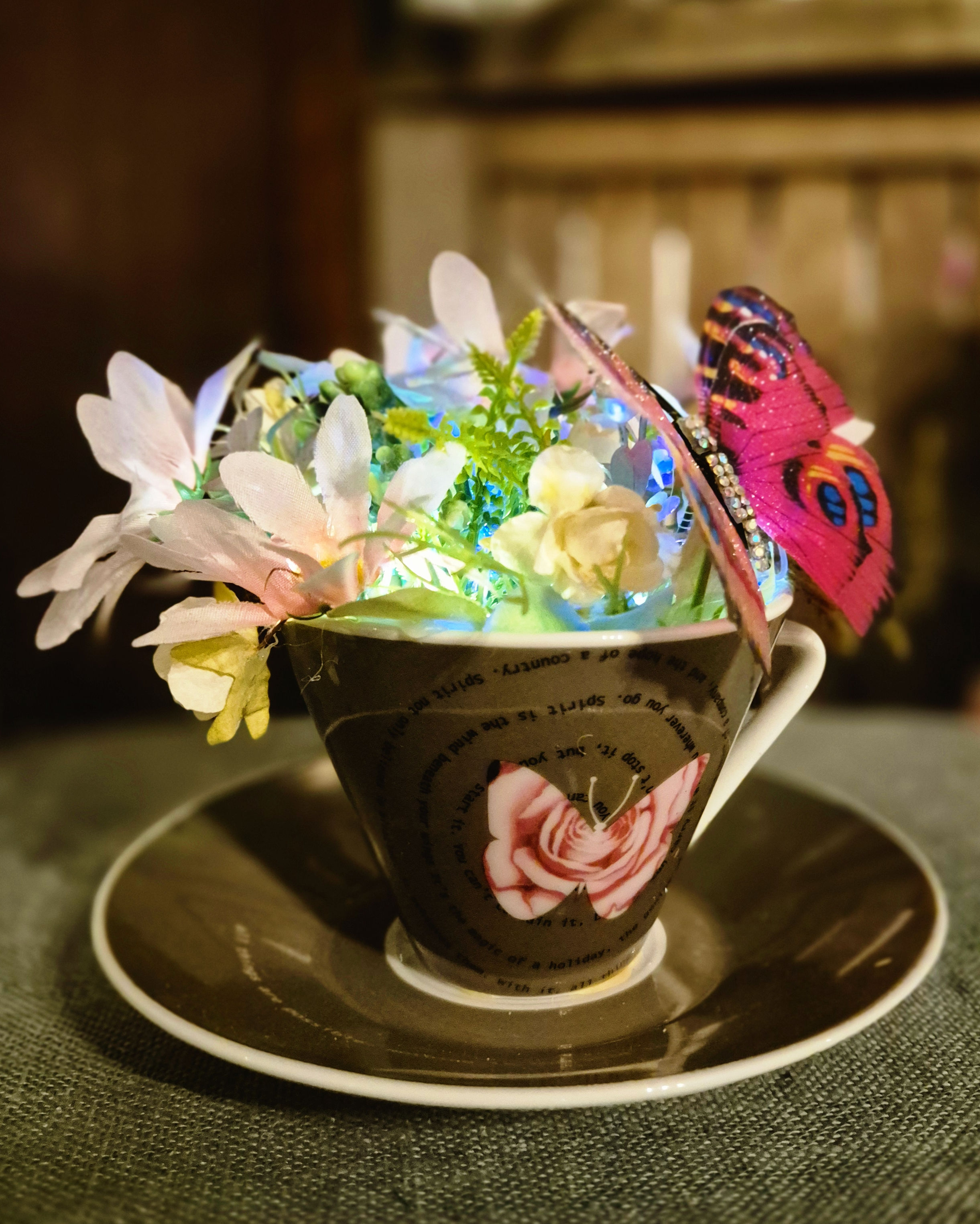 Wildflower Flutter Teacup – Handmade Illuminated Gift with Red Butterfly