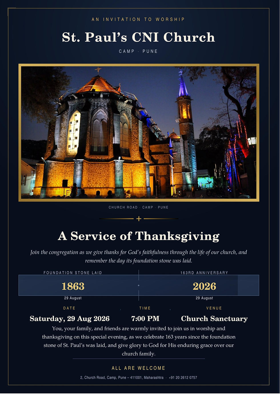 St. Paul's Church - Thanksgiving Service (163rd anniversary of Foundation Stone Laid on 29th Aug 1863)