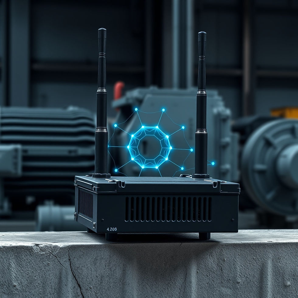 _A rugged black industrial wireless gateway with two antennas mounted on a concrete wall.