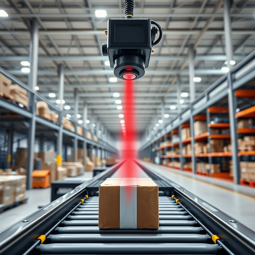 _A professional shot of a long-range laser distance sensor mounted above a high-speed conv