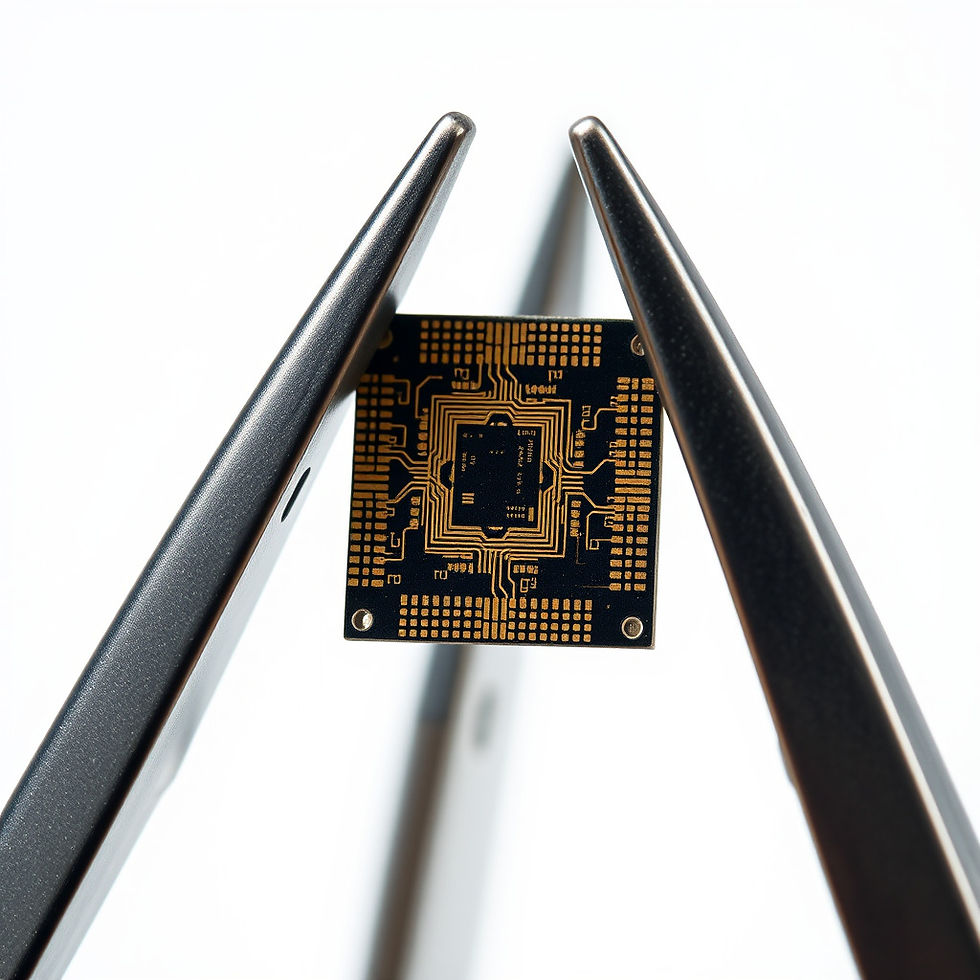 A pair of metallic anti-static tweezers holding a tiny, intricate square silicon microchip