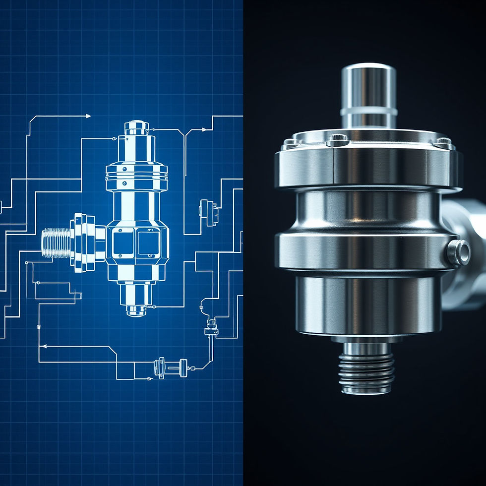 A professional split-screen composition. Left side_ A clean, high-tech blueprint of a mech