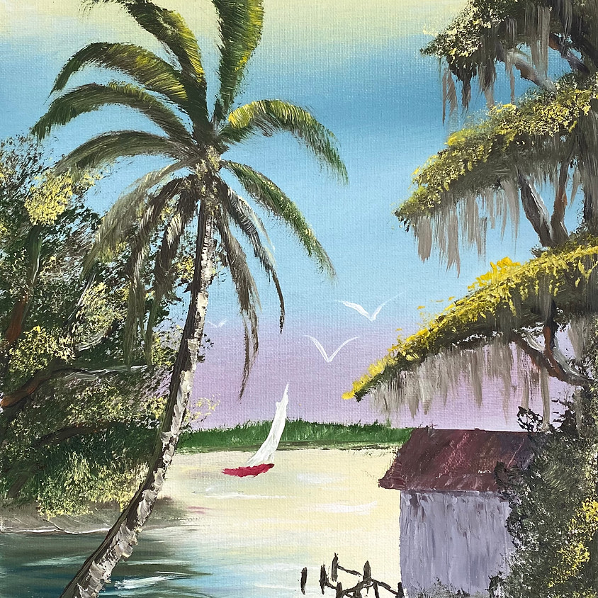 Bob Ross Style Painting Class: River Boathouse