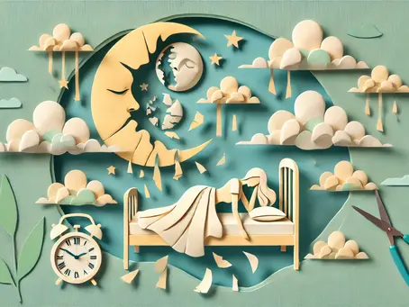 Illustration en papier découpé représentant le sommeil des parents fragmenté, avec une mère éveillée la nuit et des éléments flottants illustrant l’insomnie