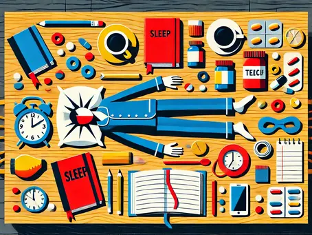 Illustration en style papier découpé : une petite personne en pyjama est allongée sur une grande table entourée de nombreux objets liés au sommeil (tisane, carnet, compléments, horloge...). L’image symbolise l’accumulation de tentatives pour lutter contre l’insomnie.