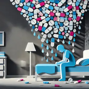 Homme souffrant d'insomnie, assis sur son lit, submergé par des somnifères.