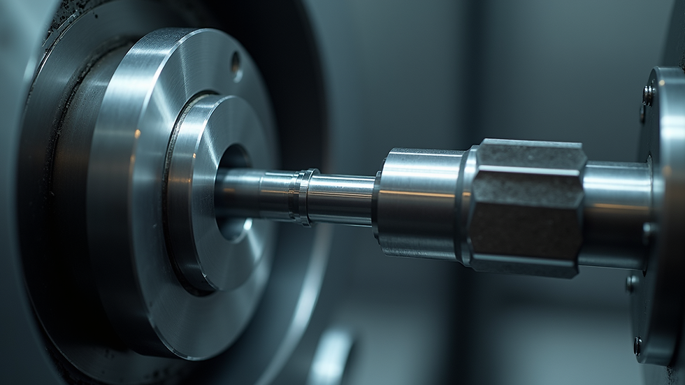 Eye-level view of CNC lathe machine shaping a metal cylinder