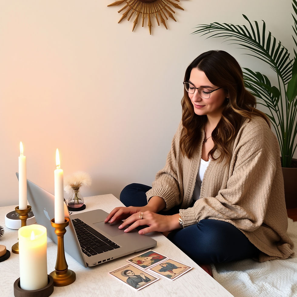 one women sitting in front of a laptop for a spiritual consultation with candles, oracle c