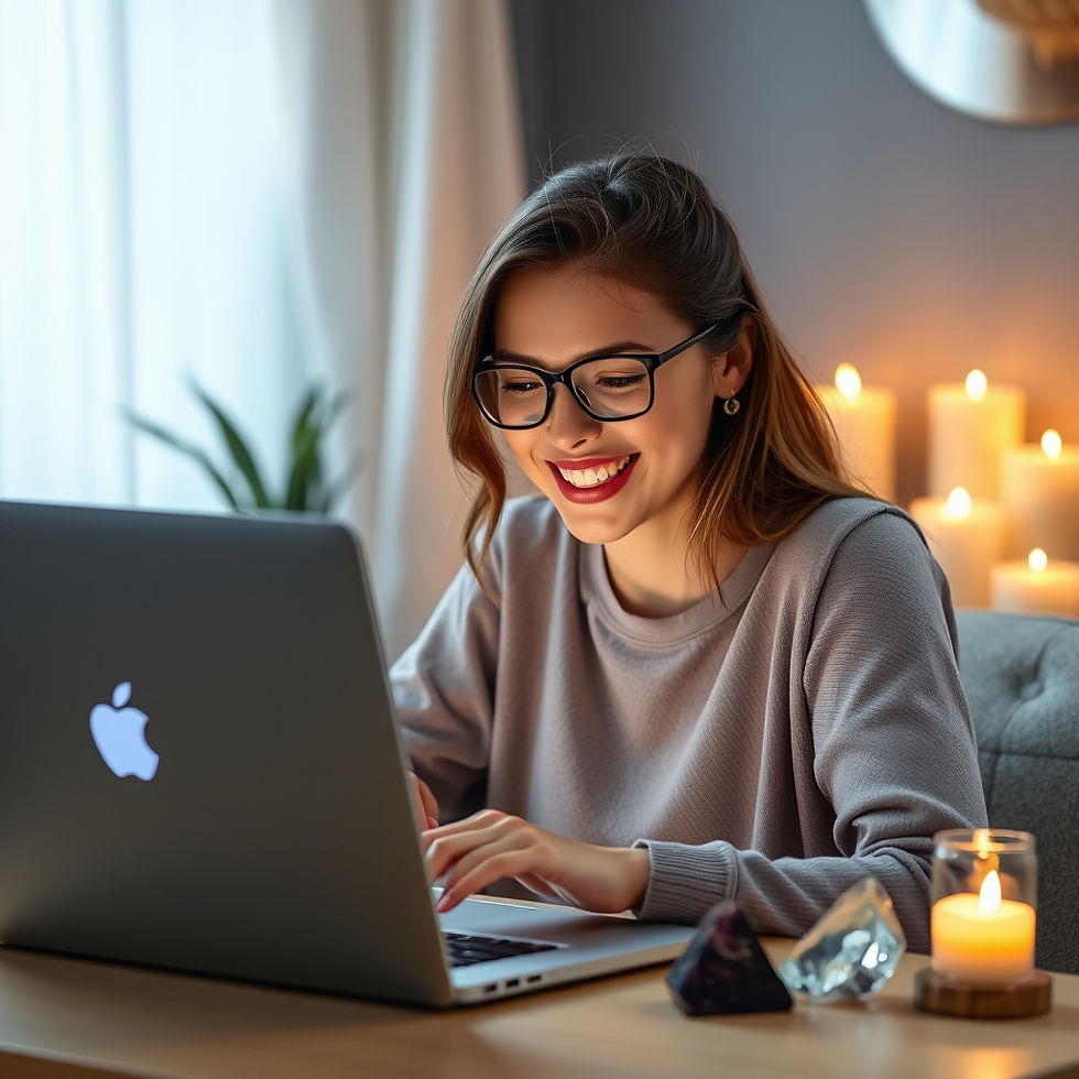 a young lady looking at a pain grey laptop on a virtual meeting, laughing with candles and