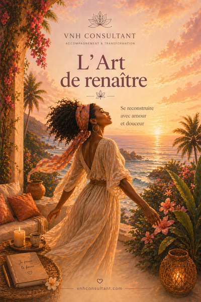une femme avec le titre, L'Art de Renaitre, L'Art de Renaitre : traverser le Deuil, Réapprendre à S'aimer.