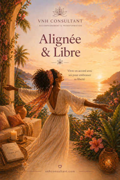 Femme réfléchissant avec le texte: Alignée & Libre, se libérer des pensées limitantes. 