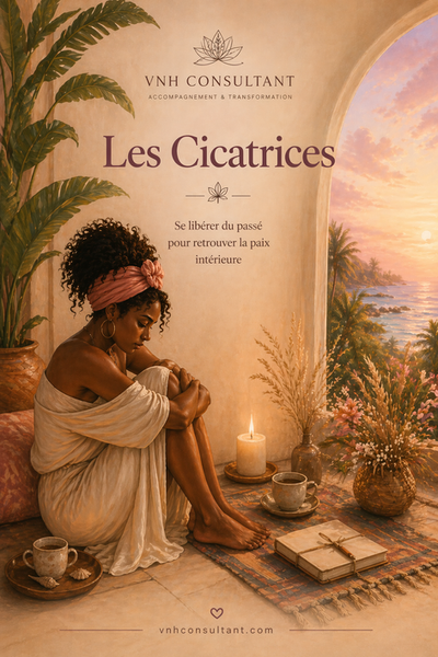 Scène centrale : Un personnage vu de dos ou de profil, en posture méditative ou introspective, 