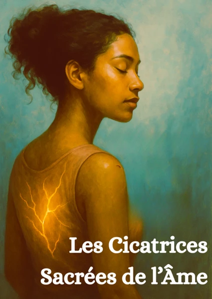 Scène centrale : Un personnage vu de dos ou de profil, en posture méditative ou introspective, 