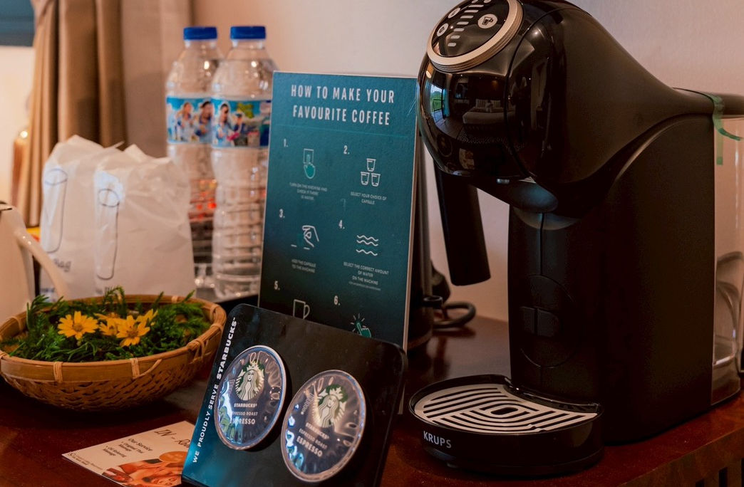 Coffee machine and welcome refreshments inside the Resort Style Glass Room