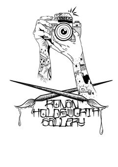 Tattoo inspired camera tee print of tattooed hands and forearms holding a stills camera with dripping paint brushes forming an X at the bottom with the words Ronan Holdsworth Gallery underneath this.